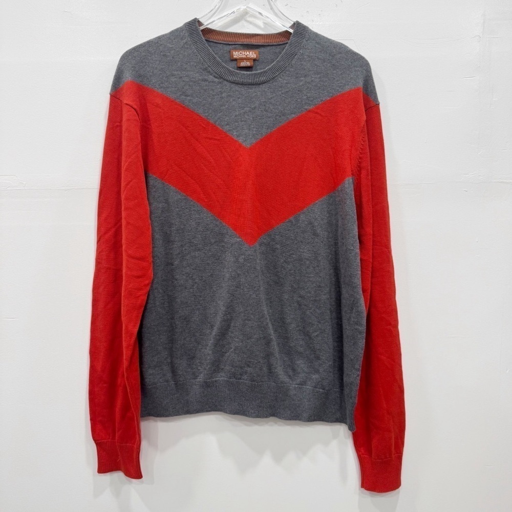 Michael Kors Chevron Cotton Fine Knit Sweater Large Gray